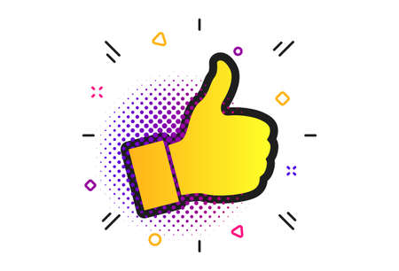 Like sign icon. Halftone dots pattern. Thumb up sign. Hand finger up symbol. Classic flat like icon. Vectorのイラスト素材