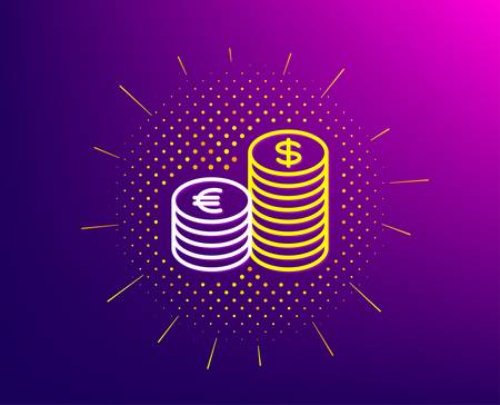 Coins money line icon. Halftone pattern. Banking currency sign. Euro and Dollar Cash symbols. Gradient background. Currency line icon. Yellow halftone pattern. Vectorのイラスト素材