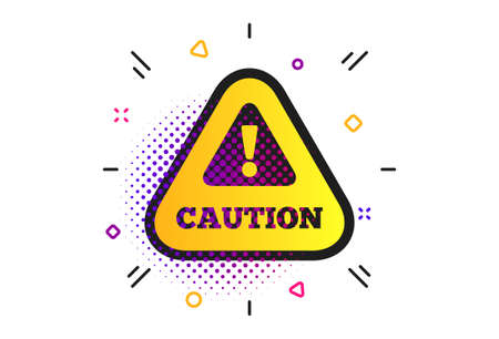 Attention caution sign icon. Halftone dots pattern. Exclamation mark. Hazard warning symbol. Classic flat caution icon. Vectorのイラスト素材
