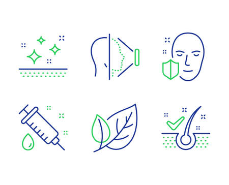 Medical syringe, Leaf and Face id line icons set. Clean skin, Face protection and Anti-dandruff flakes signs. Vaccination, Ecology, Phone scanning. Secure access. Healthcare set. Vectorのイラスト素材