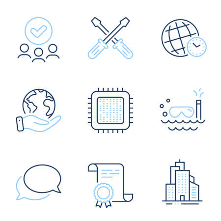 Cpu processor, Messenger and Skyscraper buildings line icons set. Diploma certificate, save planet, group of people. Scuba diving, Screwdriverl and Time zone signs. Vectorのイラスト素材
