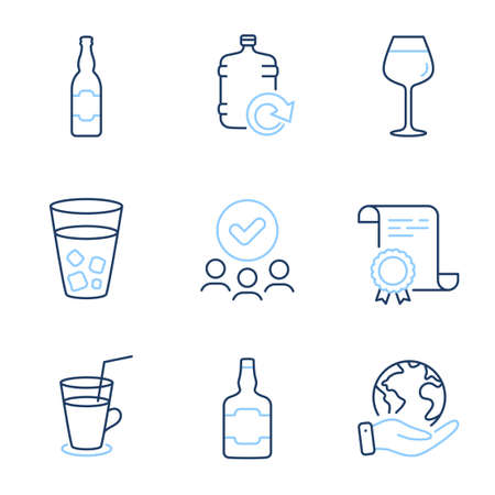 Beer bottle, Refill water and Cocktail line icons set. Diploma certificate, save planet, group of people. Whiskey bottle, Ice tea and Bordeaux glass signs. Vectorのイラスト素材