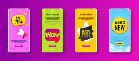 Wow chat bubble badge. Phone screen banner. Discount banner shape. Sale coupon icon. Sale banner on smartphone screen. Mobile phone web template. Wow bubble promotion. Vectorのイラスト素材