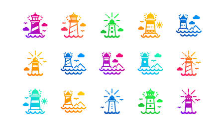 Searchlight tower with seagull for marine navigation of ships. Lighthouse icons. Sea pharos, lighthouse or beacon icons. Classic set. Gradient patterns. Quality signs set. Vectorのイラスト素材