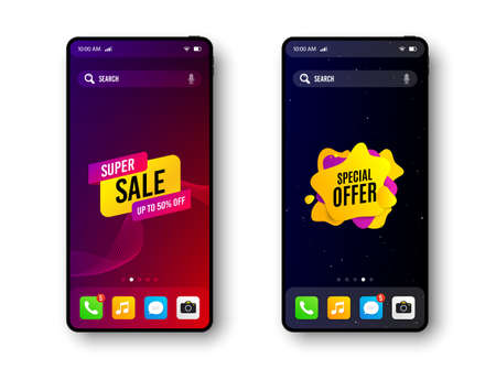 Special offer and Super sale. Smartphone screen banner. Discount offer badge. Mobile phone screen...
