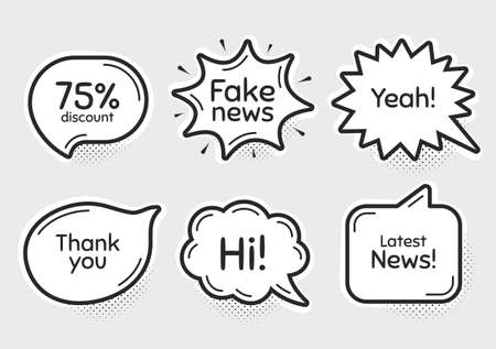 Comic chat bubbles. Fake news, 75% discount and latest news. Thank you, hi and yeah phrases. Sale shopping text. Chat messages with phrases. Drawing texting thought speech bubbles. Vectorのイラスト素材