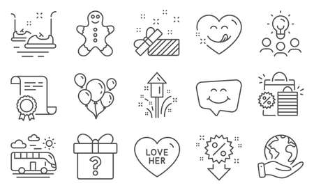 Set of Holidays icons, such as Balloons, Fireworks. Diploma, ideas, save planet. Shopping bags, Smile chat, Love her. Bus travel, Yummy smile, Bumper cars. Vectorのイラスト素材