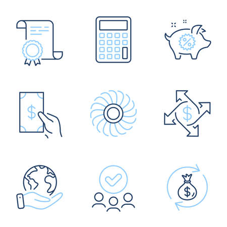 Fan engine, Money exchange and Calculator line icons set. Diploma certificate, save planet, group of people. Payment exchange, Piggy sale and Receive money signs. Vectorのイラスト素材