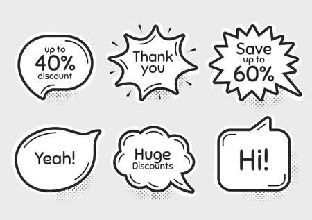 Comic chat bubbles. Save up to 60%, 40% huge discount. Thank you, hi and yeah phrases. Sale shopping text. Chat messages with phrases. Drawing texting thought speech bubbles. Vectorのイラスト素材