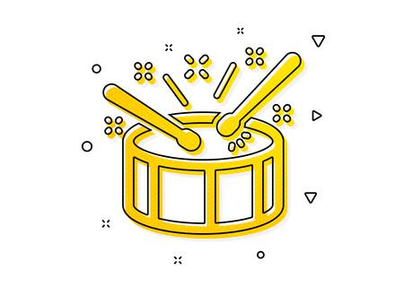Music sign. Drums with drumsticks icon. Musical instrument symbol. Yellow circles pattern. Classic drums icon. Geometric elements. Vectorのイラスト素材
