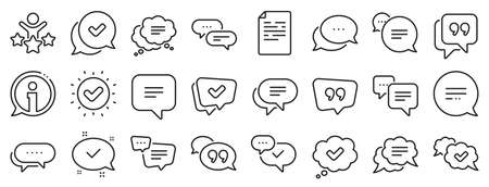 Approved, Checkmark box and Social media message. Chat and quote line icons. Chat speech bubble,...