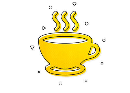 Hot cappuccino sign. Coffee cup icon. Tea drink mug symbol. Yellow circles pattern. Classic coffee cup icon. Geometric elements. Vectorのイラスト素材