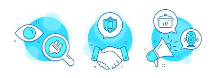 Boiling pan, Speaker and Electric plug line icons set. Handshake deal, research and promotion complex icons. Smartphone protection sign. Cooking utensil, Music sound, Energy. Phone. Vectorのイラスト素材