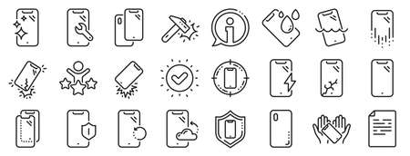 Tempered glass, screen protector and water resistant. Smartphone protection line icons. Phone cover, display glass protection and shockproof device icons. Strong smartphone. Vectorのイラスト素材