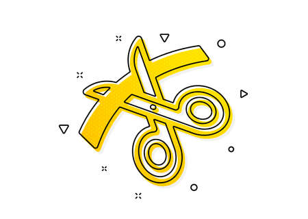 Cutting ribbon sign. Scissors icon. Tailor utensil symbol. Yellow circles pattern. Classic scissors icon. Geometric elements. Vectorのイラスト素材