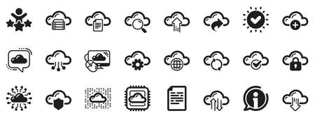 Set of Hosting, Computing data and File storage icons. Cloud data and technology icons. Archive, Download, Share cloud files. Sync technology, Web server, Storage access. Vectorのイラスト素材