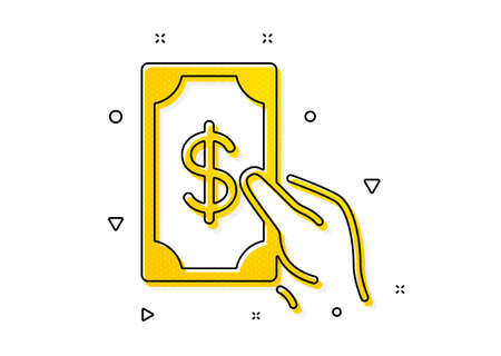 Banking currency sign. Hold Cash money icon. Dollar or USD symbol. Yellow circles pattern. Classic receive money icon. Geometric elements. Vectorのイラスト素材