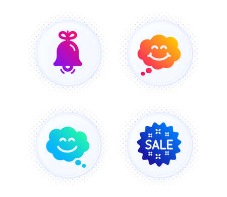 Smile chat, Bell and Smile icons simple set. Button with halftone dots. Sale sign. Happy face, Alarm...