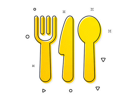 Cutlery sign. Food icon. Fork, knife, spoon symbol. Yellow circles pattern. Classic food icon. Geometric elements. Vectorのイラスト素材