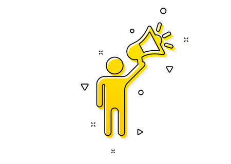 Holding megaphone sign. Brand ambassador icon. Advertisement device symbol. Yellow circles pattern. Classic brand ambassador icon. Geometric elements. Vectorのイラスト素材