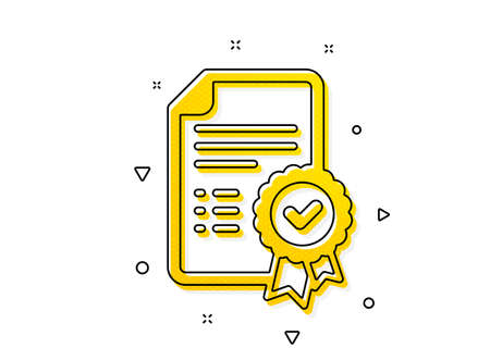 Verified document sign. Certificate icon. Accepted or confirmed symbol. Yellow circles pattern. Classic certificate icon. Geometric elements. Vectorのイラスト素材