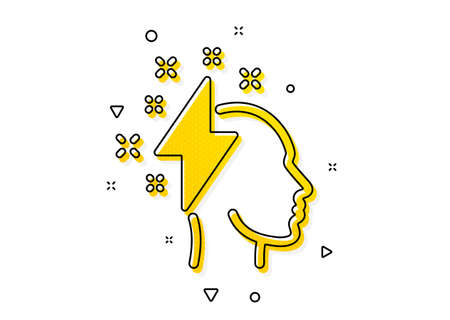 Human head with lightning bolt sign. Creative brainstorming icon. Inspiration symbol. Yellow circles pattern. Classic brainstorming icon. Geometric elements. Vectorのイラスト素材