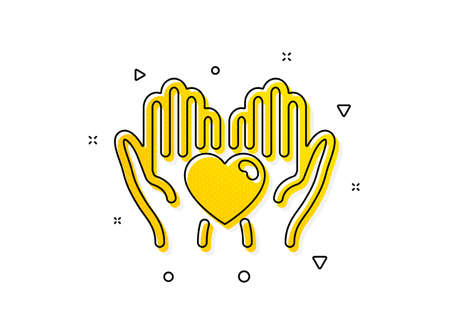 Friends love sign. Hold heart icon. Friendship hand symbol. Yellow circles pattern. Classic hold heart icon. Geometric elements. Vectorのイラスト素材