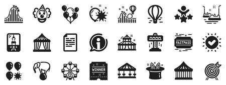 Set of Carousel, Roller coaster and Circus icons. Amusement park icons. Air balloon, Crane claw machine and Fastpass symbols. Circus amusement park tickets. Ferris wheel carousel. Vectorのイラスト素材