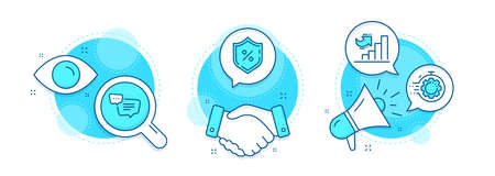 Loan percent, Seo timer and Text message line icons set. Handshake deal, research and promotion complex icons. Growth chart sign. Protection shield, Cogwheel, Chat bubble. Diagram graph. Vectorのイラスト素材