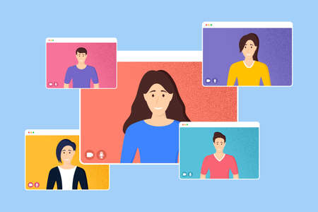 Video conference on web screen. People working from home. Online business office. Web video...