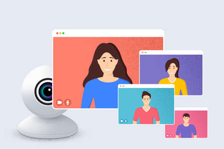 Video conference with web cam. People working from home. Online business office. Web video...