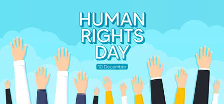 Human rights day with hands. Cloud sky background. Celebrate day of people rights. Society freedom and tolerance. Human hands up background. International unity banner. Cloudy weather. Vectorのイラスト素材