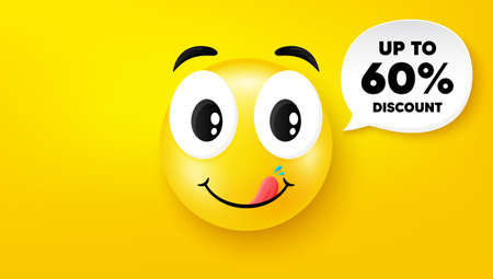 Up to 60% Discount. Yummy smile face with speech bubble. Sale offer price sign. Special offer...