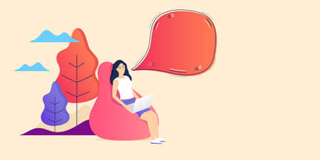 Young woman sitting in beanbag. Freelance employee sit in bean bag. Fantasy landscape with clouds and trees. Remote worker relax. Woman character sitting in beanbag with laptop. Vectorのイラスト素材