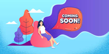 Coming soon. Woman relaxing in bean bag. Promotion banner sign. New product release symbol. Freelance employee sitting in beanbag. Coming soon chat bubble. Vectorのイラスト素材