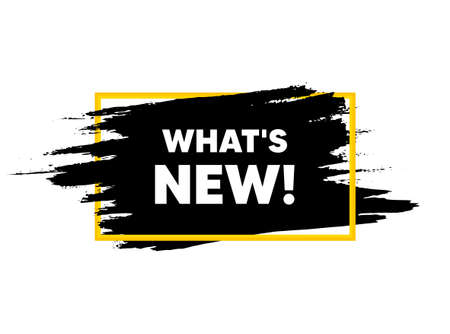 Whats new symbol. Paint brush stroke in frame. Special offer sign. New arrivals symbol. Paint brush ink splash banner. Whats new badge shape. Grunge black watercolor banner. Paintbrush frame. Vector