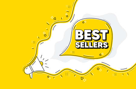 Best sellers. Loudspeaker alert message. Special offer price sign. Advertising discounts symbol. Yellow background with megaphone. Announce promotion offer. Best sellers bubble. Vectorのイラスト素材