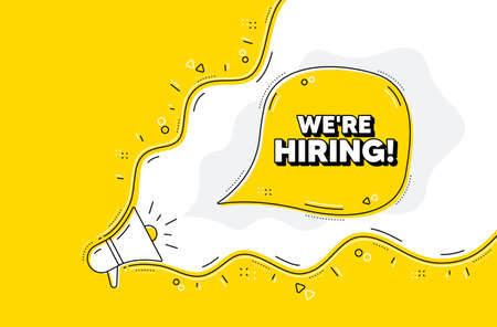 We're hiring symbol. Loudspeaker alert message. Recruitment agency sign. Hire employees symbol. Yellow background with megaphone. Announce promotion offer. Hiring bubble. Vectorのイラスト素材