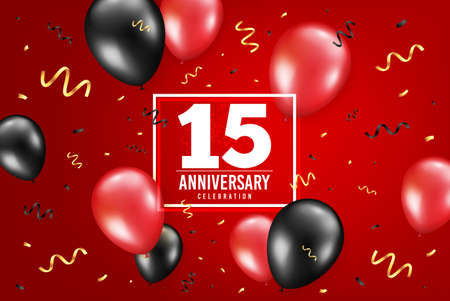 15 years anniversary. Anniversary birthday balloon confetti background. Fifteen years celebrating icon. Celebrate red banner. Birthday party balloon background. Age in a frame box. Vectorのイラスト素材