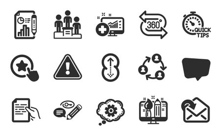 Medical analytics, Keywords and Chat message icons simple set. Cogwheel, Loyalty star and Report document signs. Business podium, Quick tips and Receive mail symbols. Flat icons set. Vectorのイラスト素材