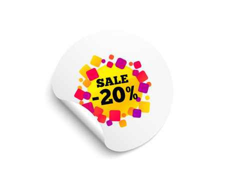 Sale 20 percent off banner. Circle sticker with offer banner. Discount sticker shape. Coupon bubble icon. Round sticker mockup banner. Sale 20% badge shape. Adhesive paper message. Vectorのイラスト素材