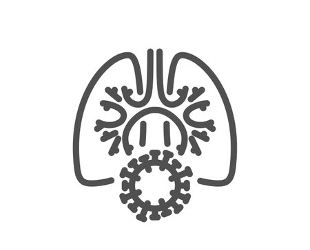Lungs with coronavirus line icon. Pneumonia disease sign. Respiratory distress symbol. Quality design element. Linear style coronavirus lungs icon. Editable stroke. Vectorのイラスト素材