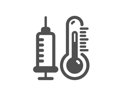 Thermometer with vaccine icon. Temperature diagnostic sign. Fever measuring symbol. Quality design element. Flat style thermometer icon. Editable stroke. Vectorのイラスト素材
