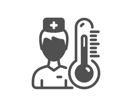 Thermometer with doctor icon. Temperature diagnostic sign. Fever measuring symbol. Quality design element. Flat style thermometer icon. Editable stroke. Vectorのイラスト素材