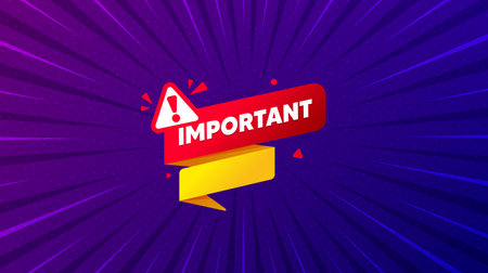 Important paper banner. Purple background with offer message. Attention message tag. Warning exclamation mark icon. Best advertising coupon banner.のイラスト素材