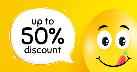 Up to 50 percent discount. Easter egg with yummy smile face. Sale offer price sign. Save 50 percentages. Easter smile character. Discount tag speech bubble.のイラスト素材