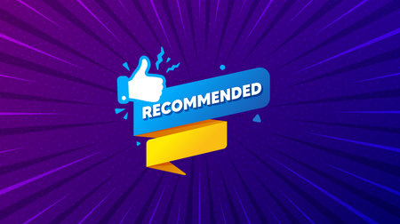 Recommended paper banner. Purple background with offer message. Best deal tag. Bubble with thumbs up icon. Best advertising coupon banner. Recommended banner badge shape. Abstract background. Vectorのイラスト素材
