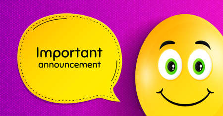 Important announcement. Easter egg with smile face. Special offer sign. Advertising discounts symbol. Easter smile character. Important announcement speech bubble. Yellow egg background. Vectorのイラスト素材