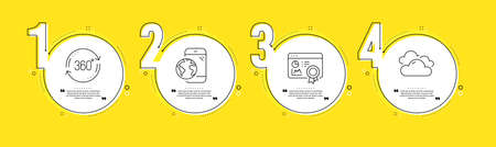 Seo certificate, Mobile internet and Full rotation line icons set. Timeline process infograph. Cloudy weather sign. Statistics, Online marketing, 360 degree. Sky climate. Business set. Vectorのイラスト素材