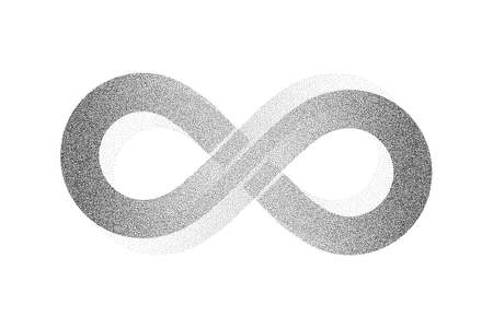Dotwork Infinity symbol pattern vector background. Sand grain effect. Black noise stipple dots. Abstract noise dotwork pattern. Black dots grunge banner. Stipple Infinity symbol. Dotted vector.のイラスト素材